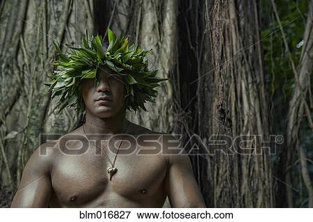 Stock Photo - Hawaiian man in traditional headgear. Fotosearch