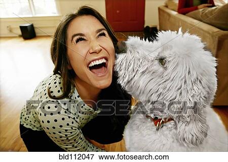 Stock Photo - Dog licking Caucasian woman's face. Fotosearch