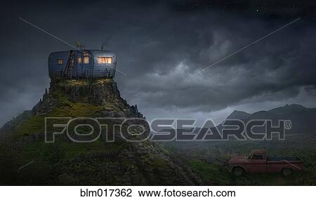 Illuminated trailer on rocky mountaintop View Large Photo Image Stock Image - Illuminated trailer on rocky mountaintop. Fotosearch