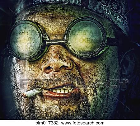 Stock Image - Illustration of Caucasian man in goggles smoking. Fotosearch