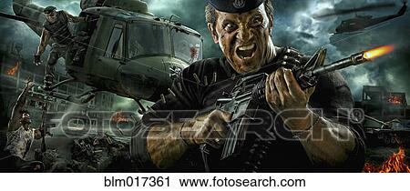 Stock Image - Illustration of Caucasian soldier shooting machine gun in battle. Fotosearch