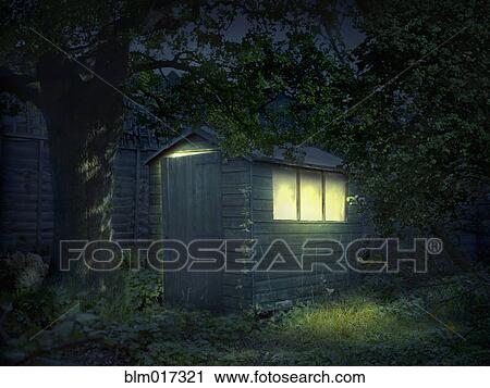 Stock Image - Illustration of illuminated shed in garden. Fotosearch