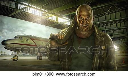 Stock Image - Illustration of mixed race man holding gun in airplane hangar. Fotosearch