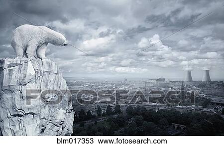 Polar bear overlooking cityscape from glacier View Large Photo Image Stock Image - Polar bear overlooking cityscape from glacier. Fotosearch