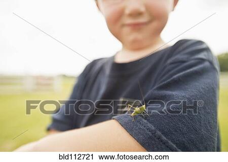 Stock Image - Caucasian boy playing with insect outdoors. Fotosearch