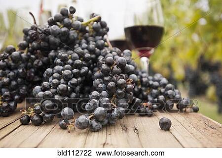 Stock Image - Grapes and glasses of wine on table outdoors. Fotosearch