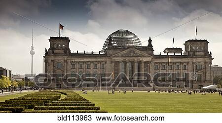 Stock Image - Columned building with glass dome, Berlin, Germany. Fotosearch