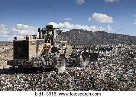Machinery working in landfill View Large Photo Image Stock Photograph - Machinery working in landfill. Fotosearch