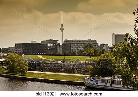 Stock Image - Monument overlooking cityscape, Berlin, Germany. Fotosearch