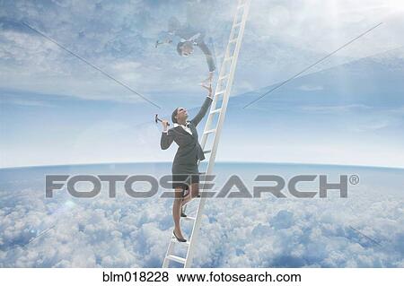 Stock Photo - African American businesswoman on ladder to glass ceiling. Fotosearch