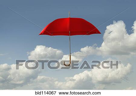 Stock Photo - Red umbrella floating in clouds. Fotosearch