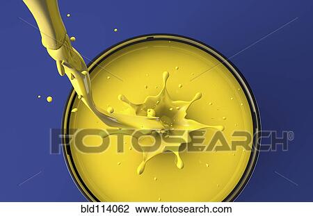 Stock Image - Yellow paint pouring into pot. Fotosearch