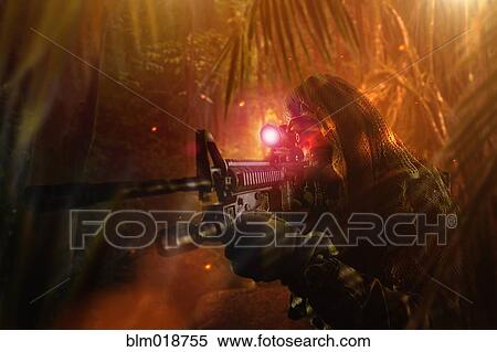 Caucasian soldier searching with gun View Large Photo Image Stock Photography - Caucasian soldier searching with gun. Fotosearch