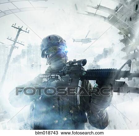Caucasian soldier standing in combat zone View Large Photo Image Stock Image - Caucasian soldier standing in combat zone. Fotosearch