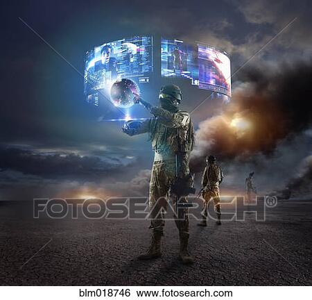 Stock Photograph - Caucasian soldier using holographs in combat zone. Fotosearch