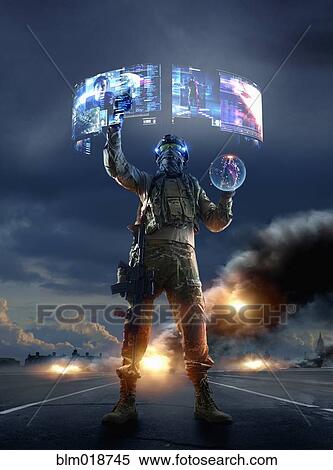 Stock Photography - Caucasian soldier using holographs in combat zone. Fotosearch