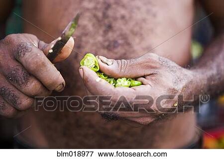Stock Photo - Close up of man chopping peppers. Fotosearch