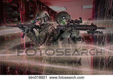 Stock Image - Soldiers holding guns in server room. Fotosearch