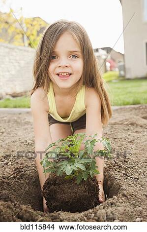 Picture - Caucasian girl planting in backyard. Fotosearch