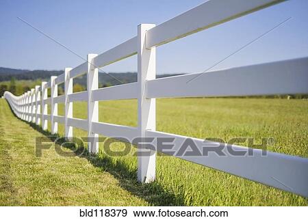A long white farm fence in countryside surrounding pasture View Large Photo Image Stock Photo - A long white farm fence in countryside surrounding pasture. Fotosearch