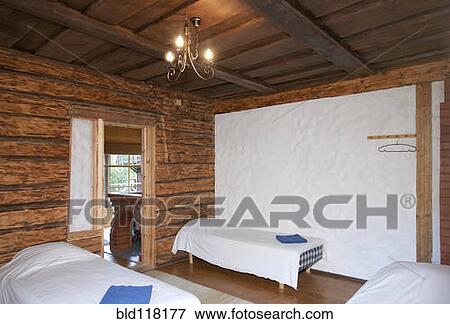Beds in a Wooden Bedroom View Large Photo Image Stock Photo - Beds in a Wooden Bedroom. Fotosearch