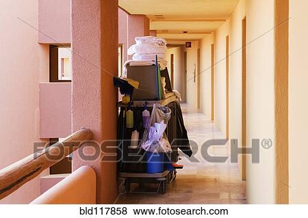 Cleaning Supplies in a Hotel Walkway View Large Photo Image Stock Photo - Cleaning Supplies in a Hotel Walkway. Fotosearch