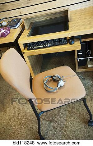 Computer Workstation With Headphones View Large Photo Image Stock Photo - Computer Workstation With Headphones. Fotosearch