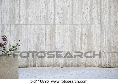 Stock Photography - Concrete Planter With Flowers in Front of Marble Wall. Fotosearch