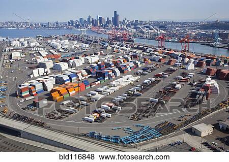 Containers at the Port of Seattle View Large Photo Image Stock Photo - Containers at the Port of Seattle. Fotosearch