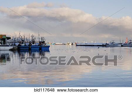 Stock Photo - Fishing Port Harbor at Dusk. Fotosearch