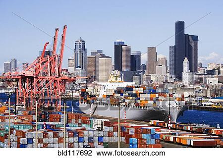Stock Image - Loaded Container Ship In Seattle Harbor. Fotosearch