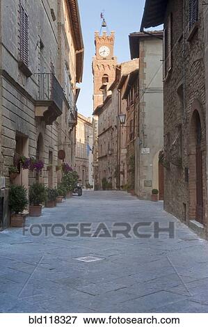 Medieval Street and Clock Tower View Large Photo Image Stock Photo - Medieval Street and Clock Tower. Fotosearch