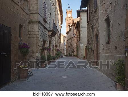 Medieval Street and Clock Tower View Large Photo Image Stock Photo - Medieval Street and Clock Tower. Fotosearch