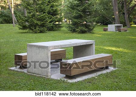 Stock Image - Simple Park Benches and Tables. Fotosearch