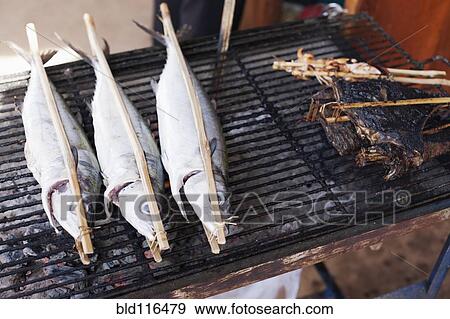 Skewered and grilled fish at the morning market View Large Photo Image Stock Photo - Skewered and grilled fish at the morning market. Fotosearch