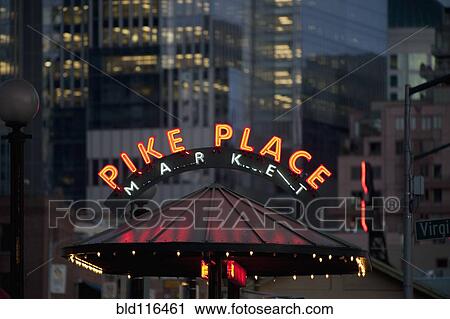 The neon sign of "Pike Place Market" in downtown Seattle, Washington View Large Photo Image Stock Image - The neon sign of "Pike Place Market" in downtown Seattle, Washington. Fotosearch
