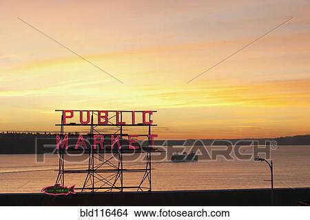 The Public Market sign at the Pike Place Market in the evening light View Large Photo Image Picture - The Public Market sign at the Pike Place Market in the evening light. Fotosearch