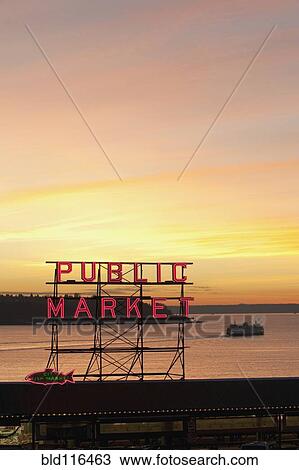 The Public Market sign at the Pike Place Market in the evening light View Large Photo Image Stock Image - The Public Market sign at the Pike Place Market in the evening light. Fotosearch