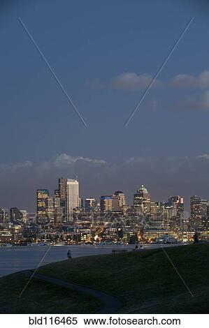 Stock Photography - The Seattle skyline and Lake Union in the evening, Seattle, Washington. Fotosearch