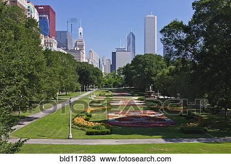 Stock Image - View of Downtown Chicago from Grant Park. Fotosearch