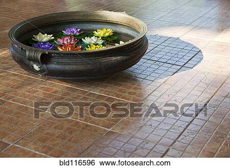 Stock Photograph - Water Bowl With Flowers on Tile Floor. Fotosearch