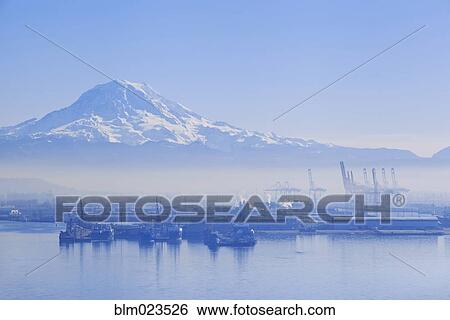 Commencement Bay with the Cascade Mountains in background View Large Photo Image Stock Photograph - Commencement Bay with the Cascade Mountains in background. Fotosearch