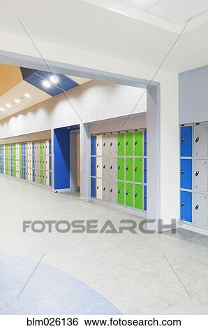 Corridor of a modern secondary school, with rows of lockers View Large Photo Image Stock Photograph - Corridor of a modern secondary school, with rows of lockers. Fotosearch