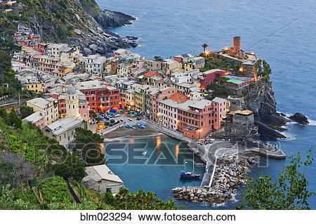 Elevated View of Vernazza at Dusk View Large Photo Image Picture - Elevated View of Vernazza at Dusk. Fotosearch