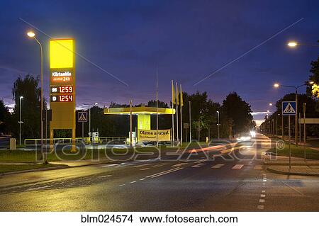 Picture - Estonian Gas Station at Night. Fotosearch