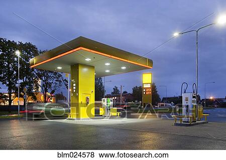 Estonian Gas Station at Night View Large Photo Image Stock Photo - Estonian Gas Station at Night. Fotosearch