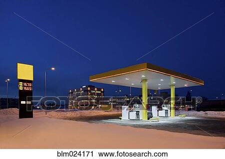 Stock Image - Gas Station At Night. Fotosearch