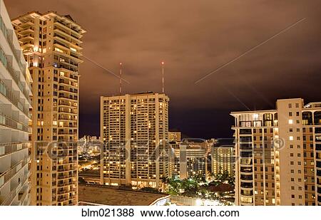 Honolulu Skyline at Night View Large Photo Image Stock Photo - Honolulu Skyline at Night. Fotosearch