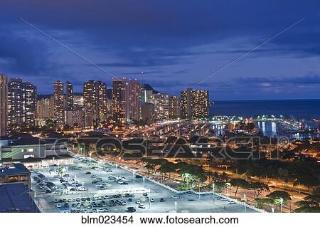 Picture - Honolulu, Waikiki Skyline at Twilight. Fotosearch