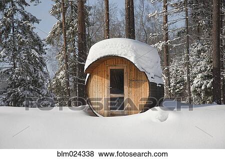 Round Barrel Sauna in the Snow View Large Photo Image Stock Photo - Round Barrel Sauna in the Snow. Fotosearch